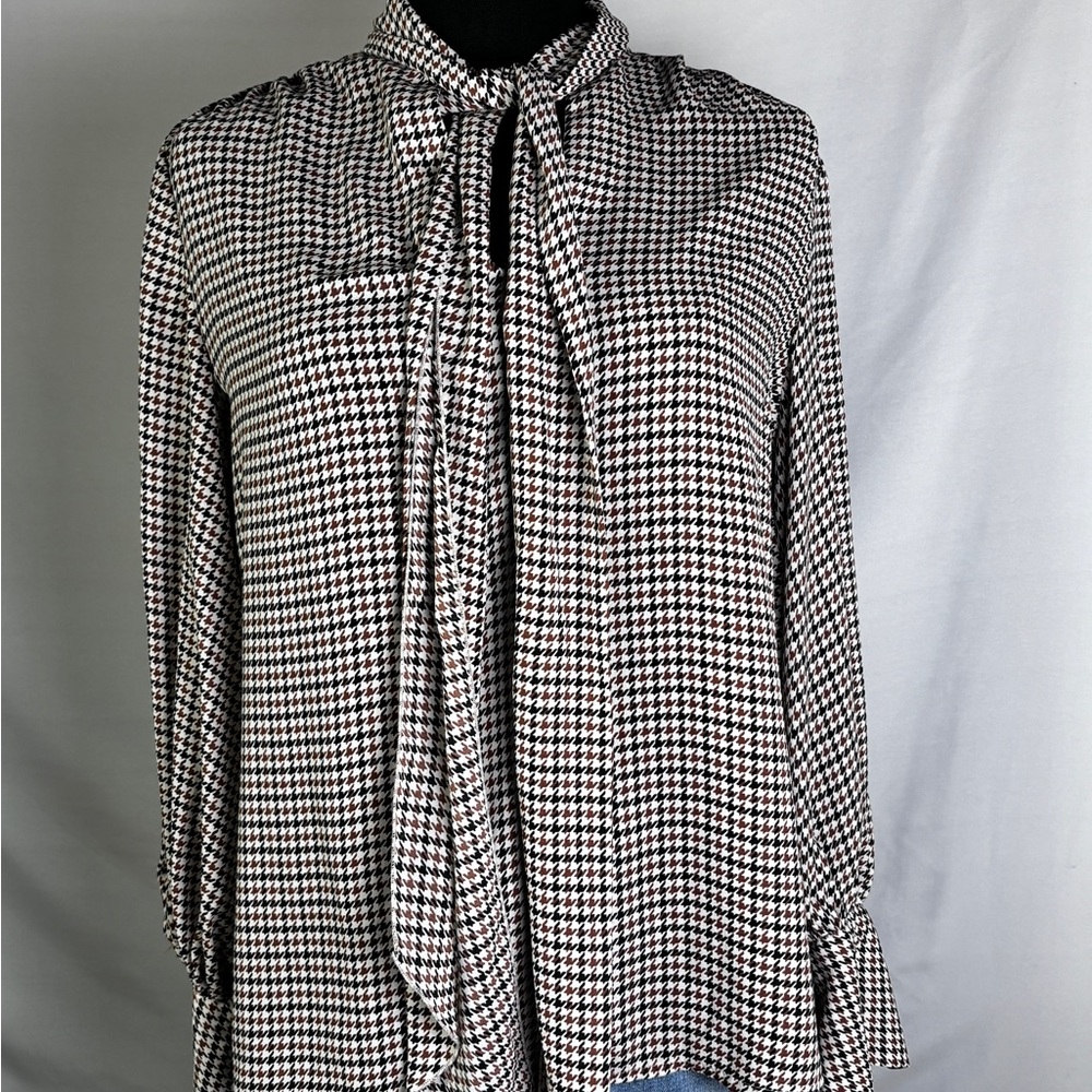 Who What Wear Brown and Black Houndstooth Blouse